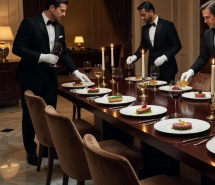 Fine dining plates and wine glasses prepared for a card lounge gala