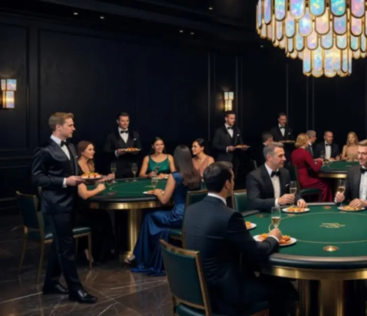 Gala card room prepared with poker tables, brass accents, and fine dining settings