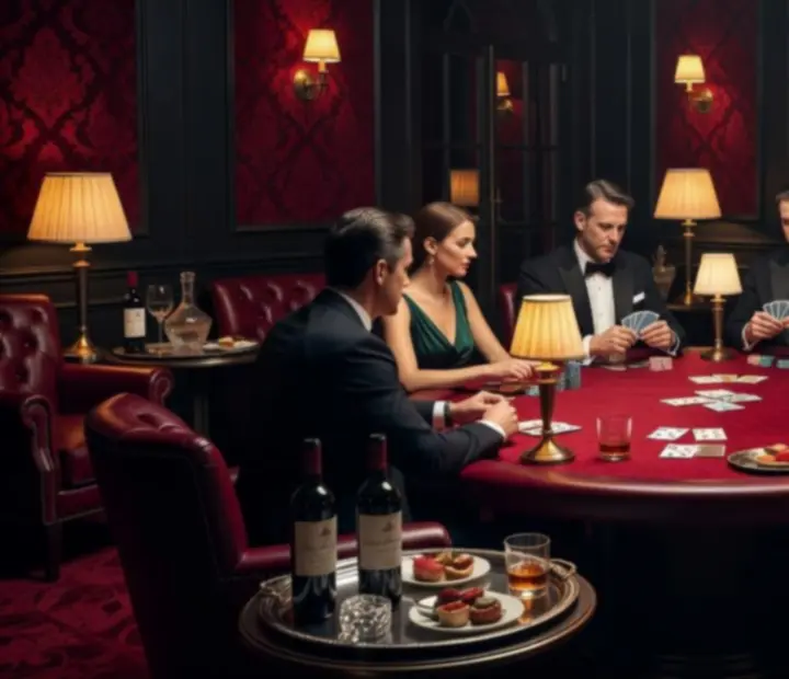 Bespoke poker tables and ambient lighting in an offline poker lounge evening