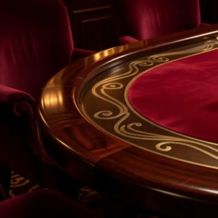 Detailed view of a crimson-felt poker table with brass accents and plush seating.
